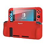Teyomi Protective Silicone Case for Nintendo Switch, Grip Cover with Tempered Glass Screen Protector, 2 Storage Slots for Game Cards, Shock-Absorption & Anti-Scratch (Red)