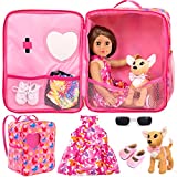 ZITA ELEMENT 5 Items American 18 Inch Girl Doll Carrier Case with Clothes and Accessories - 1 Doll Carrier Bag, 1 Dress, 1 Shoes, 1 Sunglasses and 1 Toy Dog for 18 Inch Doll Travel Set Accessories