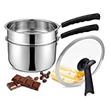 Double Boilers&Classic Stainless Steel Non-Stick Saucepan,Steam Melting Pot for Candle,Butter,Chocolate,Cheese,Caramel and Bonus with Tempered Glass Lid