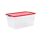 Rubbermaid Cleverstore Clear 71 Qt/18 Gal, Pack of 4 Holiday Storage Containers, Great for Holiday Decorations, Stackable, Large Capacity, Durable Latching Lids, Clear Bins, Red Lids/Green Handles