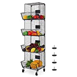 BTY 4-Tier Metal Wire Basket, Wall Mount Storage Basket Organizer Bin with Wheels & Chalkboards, Stackable Hanging Fruit Basket Produce Rack Stand for Wall, Storage, Pantry, Kitchen, (Black)