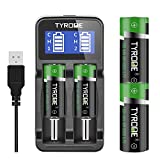 18500 Flat top Batteries with Charger, Tyrone 4 Pack 18500 Rechargeable Batteries [ More Than 1500mAh 3.7V Batteries with 2-Ports Smart Charger ]