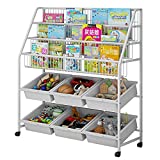 LINZINAR Bookshelf Iron Toy Organizer 3 Tier Mobile Bookrack 6 Plastic Toy Storage Boxes with Wheels—White…