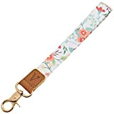 Wrist Lanyard Key Chain Wristlet Strap Keychain Holder with Lobster Clasp & Genuine Leather for Wallet Cell Phone ID Badge Camera Women Men Flower White