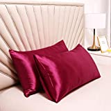 Silky Satin Pillowcase for Hair and Skin Slip Pillow Cases Set of 2 - Satin Cooling Pillow Covers with Envelope Closure (Burgundy, Queen(20"x30"))
