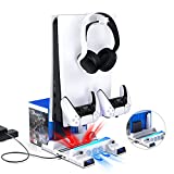 NexiGo PS5 Vertical Stand with Headset Holder and AC Adapter for PS5 Disc & Digital Editions, RGB LED Light, Dual Controllers Charger, 12 Game Rack Organizer, Hard Drive & Media Remote Slots, White