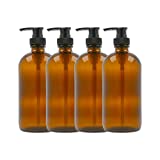 16oz Refillable Boston Round Amber Glass Bottles with Locking Pump Dispensers for Hand Soap, Shampoo, Conditioner, Lotions, Body Wash, Made in Germany (Pack of 4)