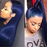 KRN Blue Color Remy Human Hair Wigs Silky Straight 130% Density Lace Front Wigs Pre Plucked Natural Hairline Full Lace Wig with Baby Hair for Women (26 Inch, Lace Front Wig)
