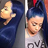 Dark Blue Lace Front Wigs for Women Soft Blue Long Natural Straight Realistic Synthetic Wig with Natural Hairline Glueless Heat Resistant Fiber Hair Cosplay Party Makeup Daily 24inches Karissa Hair