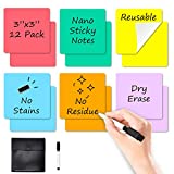 Dry Erase Sticky Notes - 6 Colors Reusable Whiteboard Stickers 3"x3" 12 Pack. Suitable for All Smooth Surface. Great for Labels, Lists, Reminders and Decals. Washable, Removable and Eco-Friendly