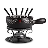 Artestia 2.11-Quart Ceramic Fondue Pot Set Cheese Chocolate Melting Pot Metal Stand with 6 Fondue Forks and Swiss Floral Pattern, Perfect for 6-8 People, 10 Piece
