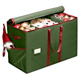 All-In-One Christmas Ornament, Figurines, and Accessory Storage Box, Fits 80 of 3" Holiday Ornaments; Side Pockets, Card Slot & Carry Handles Durable Nonwoven Accessory/Ornament Storage Container