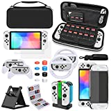Accessories Bundle for Nintendo Switch OLED Model, MENEEA Carrying Case & Screen Protector, Clear Cover Protector, Grips & Charger Dock for Joycons, Steering Wheels, Console Stand & Game Card Case