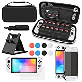Accessories Bundle for Nintendo Switch OLED Model,Carrying Case with Card Slots,PC Protector Case for Console,TPU Cover for Joy Con,Tempered Glass Screen,Joystick Cap,Console Playstand for OLED