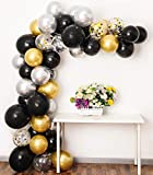 Black Gold Silver Balloon Garland Kit, 12Inch Balloon Garland Backdrop Including Black, Chrome Gold Silver Confetti Balloons Decorations Backdrop Ideal for Birthday Party Decorations