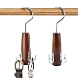 HangerSpace Walnut Wooden Belt Hanger 2 Pack, Smooth Finish Solid Wood Belt Racks with 360° Swivel Hook, Space Saving Closet Organizer Holder for Scarves, Belts, Ties