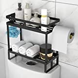Bathroom Over The Toilet Storage Shelf, 2-Tier Bathroom Shelves Countertop Basket Over Toilet Rack Wall Mounted Organizer with Toilet Paper Bar, 4 Adhesives Bases, 2Pcs No Drill Adhesives Hook, Black