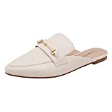 DREAM PAIRS Women's DML212 Flat Mules Buckle Pointed Toe Backless Slip on Slides Loafer Shoes, White Pu, Size 11