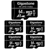 [Gigastone] 64GB 5-Pack Micro SD Card, 4K UHD Video, Surveillance Security Cam Action Camera Drone Professional, 90MB/s Micro SDXC UHS-I A1 Class 10, with Adapters