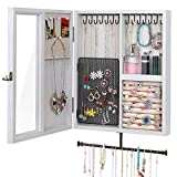 Keebofly Wall Mounted Jewelry Organizer With Rustic Wood Large Space Jewelry Cabinet Holder for Necklaces, Earrings, Bracelets, Ring Holder, and Accessories White