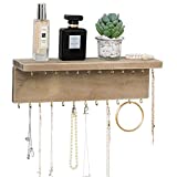 Byher Wall Mounted Jewelry Organizer with 24 Hooks - Rustic Wood Shelf Jewelry Display - Storage for Necklaces, Bracelets, Earrings, Bows (24 Hooks)