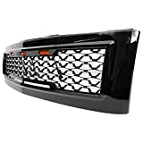 IKON MOTORSPORTS, Grille Compatible With 2007-2013 Chevrolet Silverado 1500, Front Bumper Hood Mesh Grill with Amber Signal Light Gloss Black, 2008 2009 2010 2011 2012