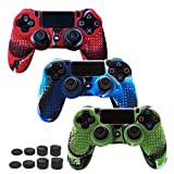 Skin Compatible for PS4 Controller Grips Cover Pandaren Studded Anti-Slip Silicone Sleeve for PS4 /Slim/PRO Controller(Controller Skin x 3 + FPS PRO Thumb Grips x 8)(CamouRed,CamouBlue,CamouGreen)