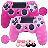 Pink PS4 Controller Skins RALAN,Silicone Controller Cover Skin Protector Compatible /PS4 Slim/PS4 Pro Controller (Pink Pro Thumb Grip x 6, Skull Cap Cover Grip x 2)(Pink+Rose red)