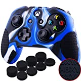 YoRHa Thickened Rubber Silicone Cover Skin Case 3D Letters Massage Grip for Xbox One S/X Controller x 1(Camouflage Blue) with PRO Thumb Grips x 8