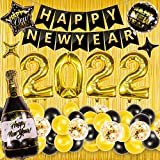 Happy New Years Eve Party Decorations 2022 - Black Gold Balloons Decorations Kit with Fringe Foil Curtain,Happy New Years Banner,Star,Champagne Bottle,Round Foil Balloons,Black and Gold Latex Balloons,Confetti Balloon,Glue Dot