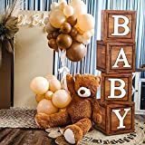 Baby Shower Boxes for Birthday Party Decorations - 4 Wood Grain Brown blocks with BABY Letter，Printed Letters,First Birthday Centerpiece Decor, Teddy Bear Baby Shower Supplies, Gender Reveal Backdrop