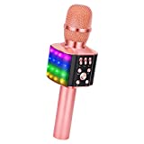 BONAOK Wireless Bluetooth Karaoke Microphone with controllable LED Lights, 4 in 1 Portable Karaoke Machine Mic Speaker Birthday Home Party for All Smartphones PC(Q36 Rose Gold)