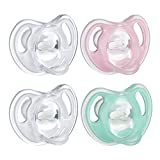 Tommee Tippee Ultra-Light Silicone Pacifier, Symmetrical Design, BPA-Free Binkies, One-Piece, 0-6m, Pink & Green, 4 Count