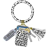 Doormoon Keychain Bracelet Wristlet Bangle Key Holder Round Keyring Leather Tassel Key Ring Chain (Black White Leopard)