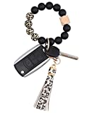 Women Silicone Bracelet Keychain Wristlet Beaded Key Ring Leopard Bangle Chains with Leather Tassel