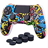 YoRHa Water Transfer Printing Camouflage Silicone Cover Skin Case for Sony PS4/slim/Pro dualshock 4 Controller x 1(Comic Skull) with Pro Thumb Grips x 8