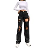 Women Ripped Boyfriends Jeans High Waist Baggy Denim Pants Wide Leg Straight Trousers Y2k Streetwear Vintage Loose Pants (Black, M)