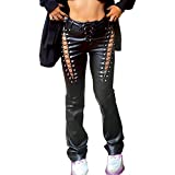 NaranjaBurbuja Women Sexy Cut Out Gothic Punk Y2K PU Pants Hollow Out Faux Leather Leggings Lace Up Trousers Streetwear Black