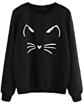 ROMWE Women's Cat Print Lightweight Sweatshirt Long Sleeve Casual Pullover Shirt Black M