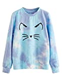 Romwe Women's Casual Tie Dye Sweatshirt Long Sleeve Cat Print Pullover Shirt Top Blue Tie Dye M