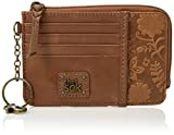 The Sak Women's Iris Card Wallet in Leather, Elevated Everyday Purse with Keychain, Includes Credit Card Holders & Clear ID Window, Tobacco Floral Embossed