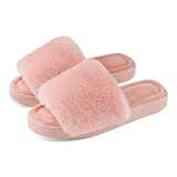 BCTEX COLL Women's Fuzzy Open Toe House Slippers Fluffy Plush Fleece Ladies Indoor/Outdoor Slippers (9-10, Pink)