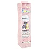 mDesign Fabric Over Closet Rod Hanging Storage Organizer with 7 Open Cube Shelves and 3 Removable Drawers for Bedroom Organization - Holds Clothes, Hats, Handbags - Light Pink with White Dots