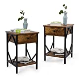 JAXPETY Set of 2 Industrial Wood Nightstand, Accent End Table with Drawer and Shelf, Diamond-Shape Metal Frame, Wood End Table for Living Room, Bedroom, Office, Rustic Brown