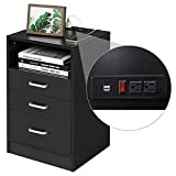 ADORNEVE Black Nightstand 3 Drawers with USB Port,Bedroom End Table Side Table Wooden Sofa Side Stand Cabinet,with Sliding Drawer & Open Storage