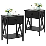 VECELO Versatile Nightstands X-Design Side End Table, Night Stand Storage Shelf with Drawer for Bedroom Office Lounge,Set of 2, B2, Black