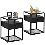 VECELO Nightstand Industrial Style End Side Table Cabinet with Drawer and Shelf Decoration in Living Room Bedroom Lounge,Set of 2, 15.7"X15.7"X21.7", Black