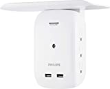 Philips 6-Outlet Extender 2-USB Surge Protector, Side Access Adapter, Wall Tap, Removable Device Charging Shelf, Charging Station, Protected Indicator Light, 450J, 2.4A, 12W, White, SPS6024WA/37