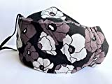 Gemma - Origami/3D Structured Fabric Face Mask - 4 Layers - Washable - Nose Strip - Filter Pocket - Soft Elastic - Ribbon Lanyard - Black and Grey Poppies (Large, Adult Standard)