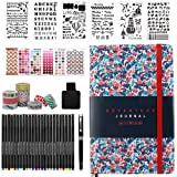 Dotted Bullet Journal Kit with Faux Leather A5 Bullet Grid Colorful Cute Notebooks with 24 Fineliner Colored Pens, 6 Stencils, 6 Sticker Sheets, 10 Washi Tapes, 5 Black Pen for Kids,Women etc